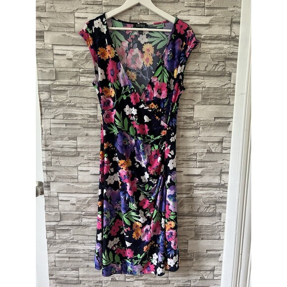 Ralph Lauren Sz L Dress Floral Vibrant Stretch Liquid Knit V-Neck Flowy - Picture 2 of 10